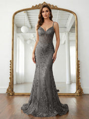 Trumpet/Mermaid Spaghetti Straps Sparkly Sequin Lace Applique Long Prom Dress