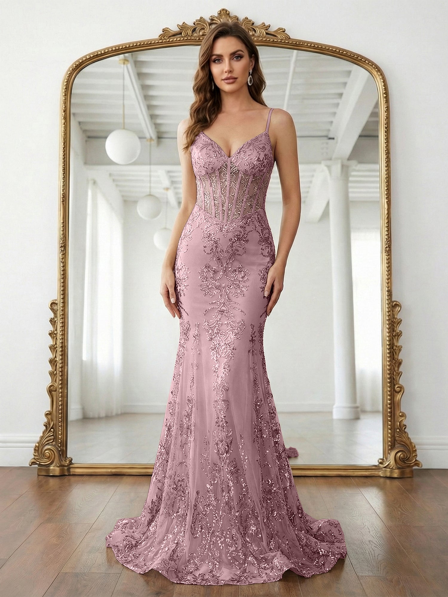 Trumpet/Mermaid Spaghetti Straps Sparkly Sequin Lace Applique Long Prom Dress