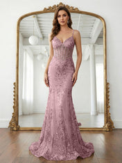 Trumpet/Mermaid Spaghetti Straps Sparkly Sequin Lace Applique Long Prom Dress