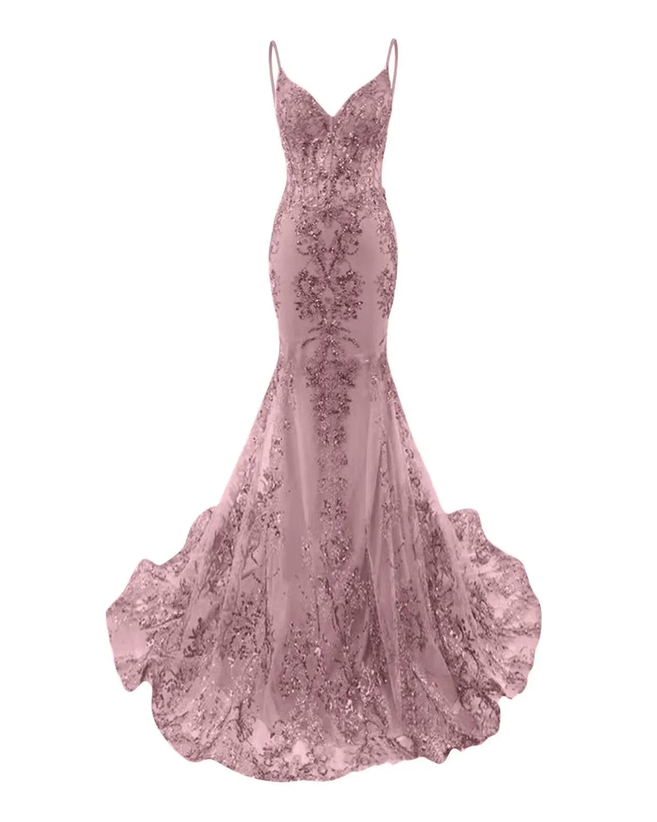 Mermaid Spaghetti Straps Sparkly Sequin Lace Applique Long Prom Dress