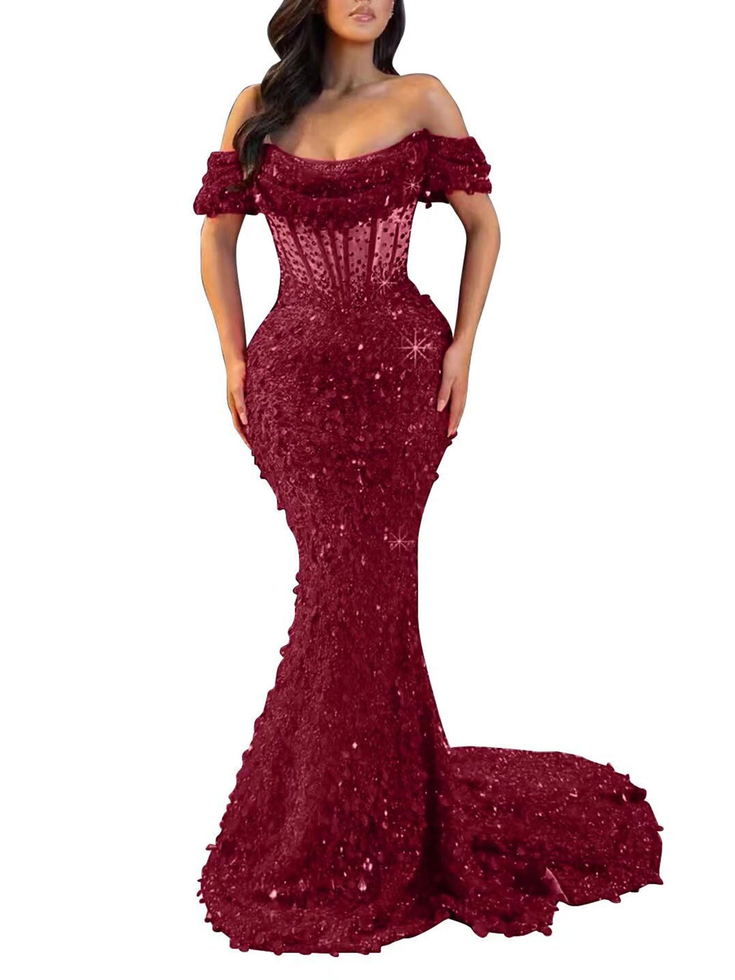 Mermaid Off The Shoulder Sequin Long Prom Dress