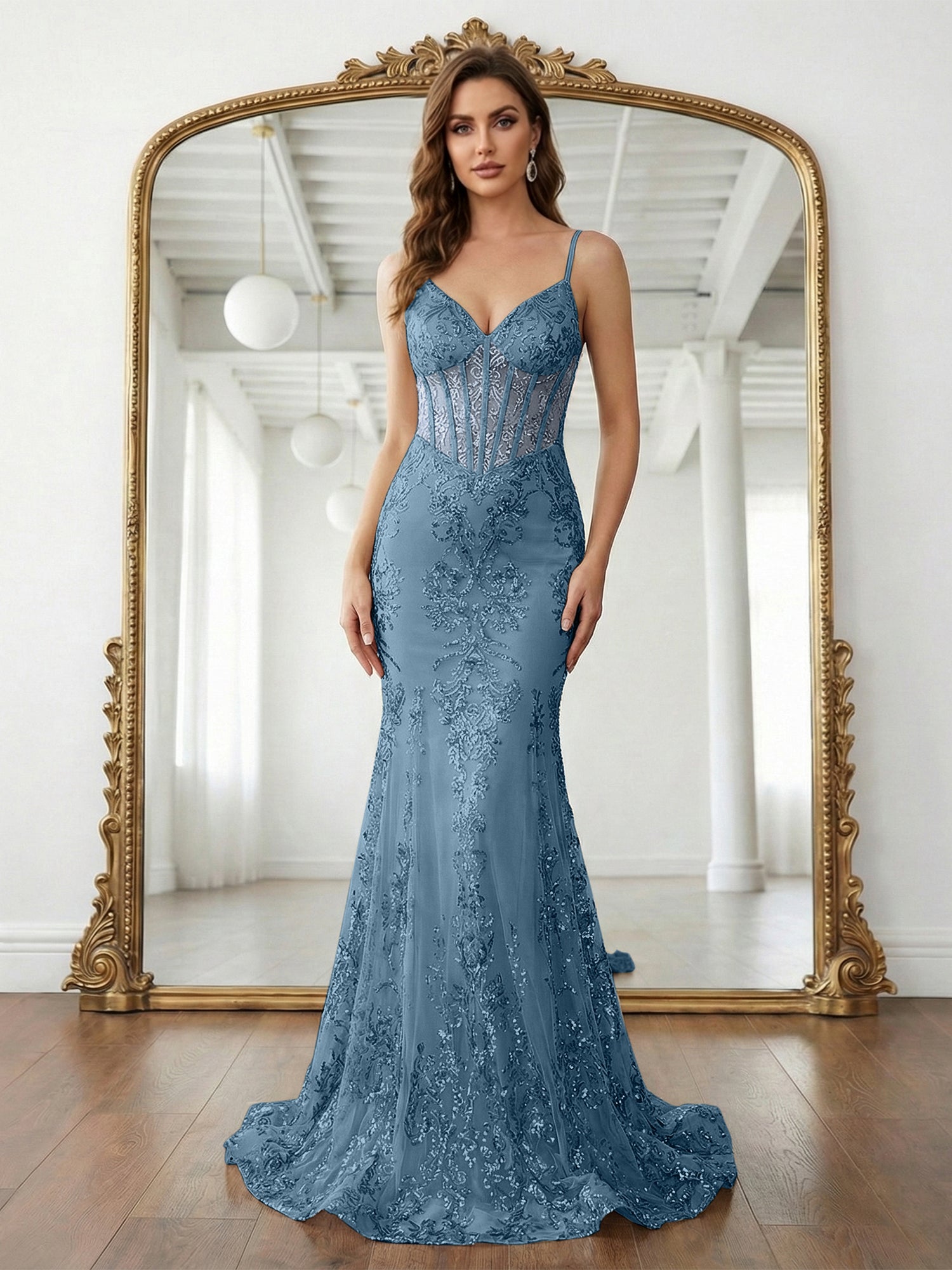 Trumpet/Mermaid Spaghetti Straps Sparkly Sequin Lace Applique Long Prom Dress