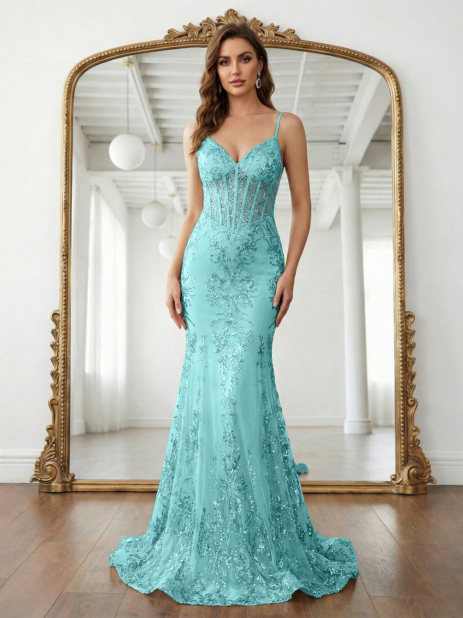 Trumpet/Mermaid Spaghetti Straps Sparkly Sequin Lace Applique Long Prom Dress