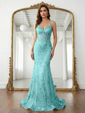 Trumpet/Mermaid Spaghetti Straps Sparkly Sequin Lace Applique Long Prom Dress