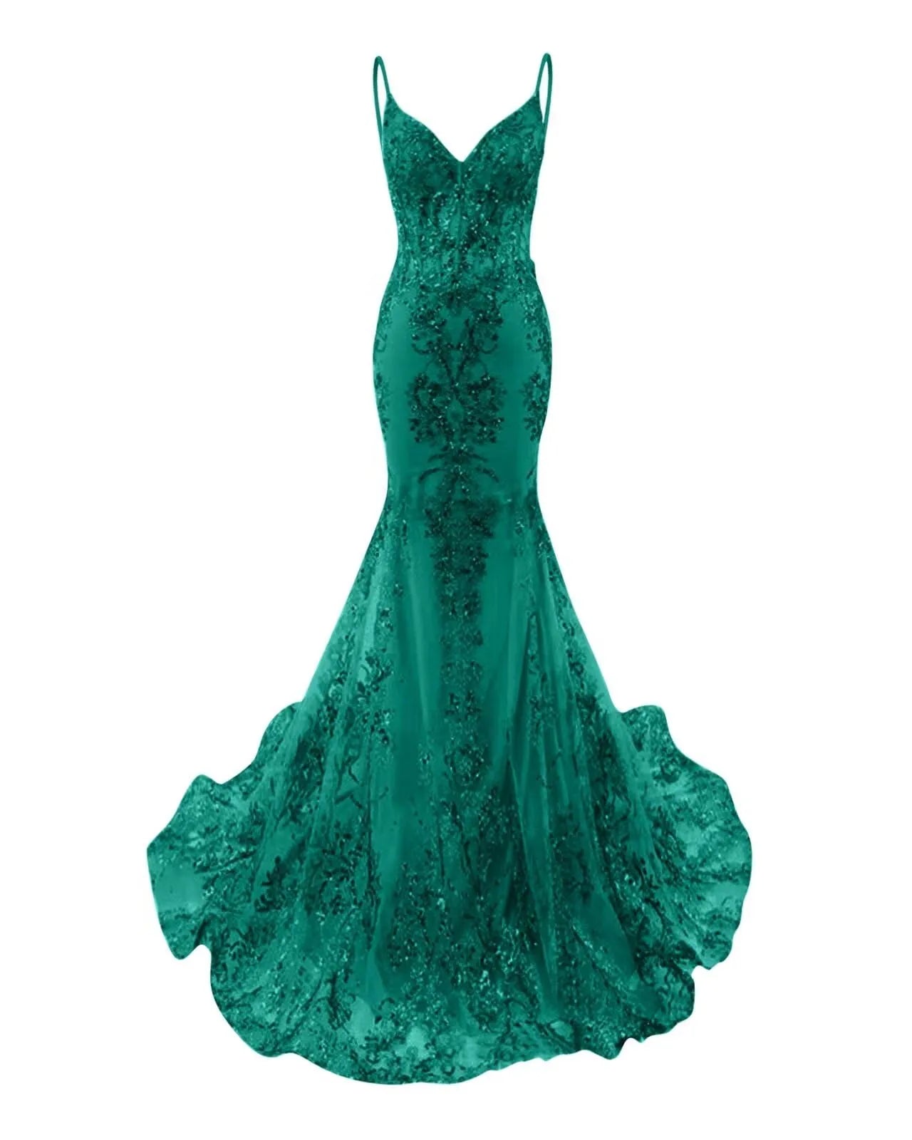 Mermaid Spaghetti Straps Sparkly Sequin Lace Applique Long Prom Dress