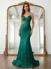 Trumpet/Mermaid Spaghetti Straps Sparkly Sequin Lace Applique Long Prom Dress