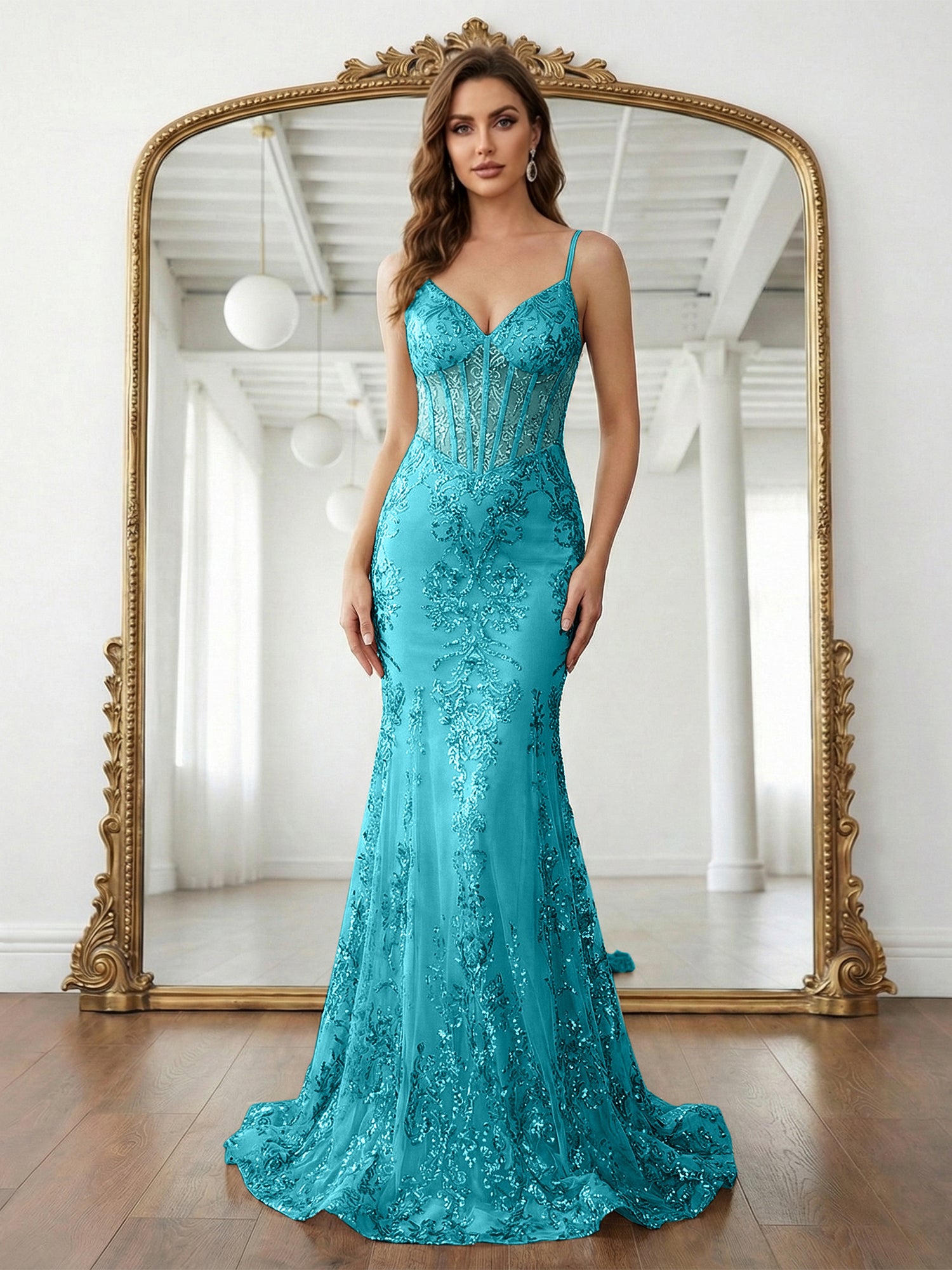 Mermaid Spaghetti Straps Sparkly Sequin Lace Applique Long Prom Dress