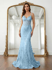 Trumpet/Mermaid Spaghetti Straps Sparkly Sequin Lace Applique Long Prom Dress