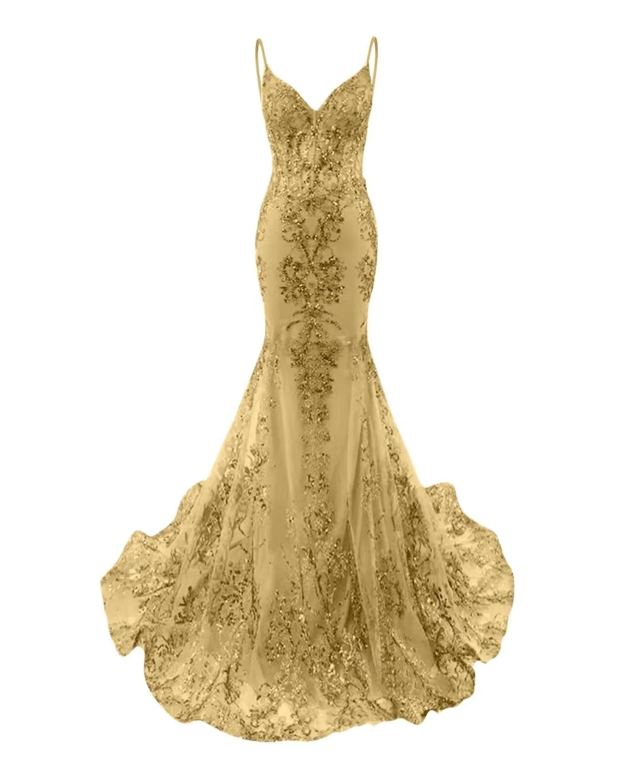 Mermaid Spaghetti Straps Sparkly Sequin Lace Applique Long Prom Dresses