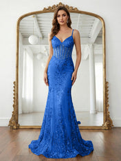 Trumpet/Mermaid Spaghetti Straps Sparkly Sequin Lace Applique Long Prom Dress