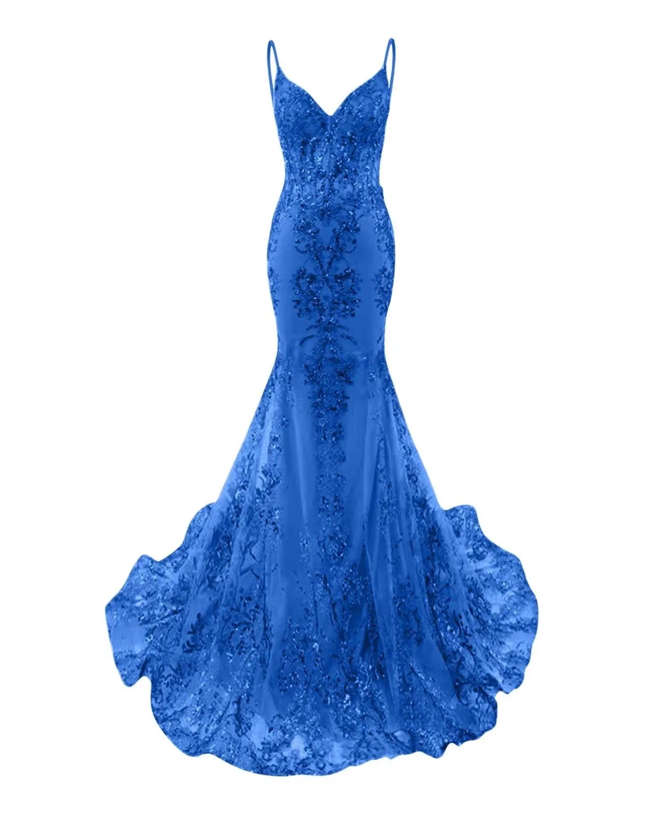 Mermaid Spaghetti Straps Sparkly Sequin Lace Applique Long Prom Dress