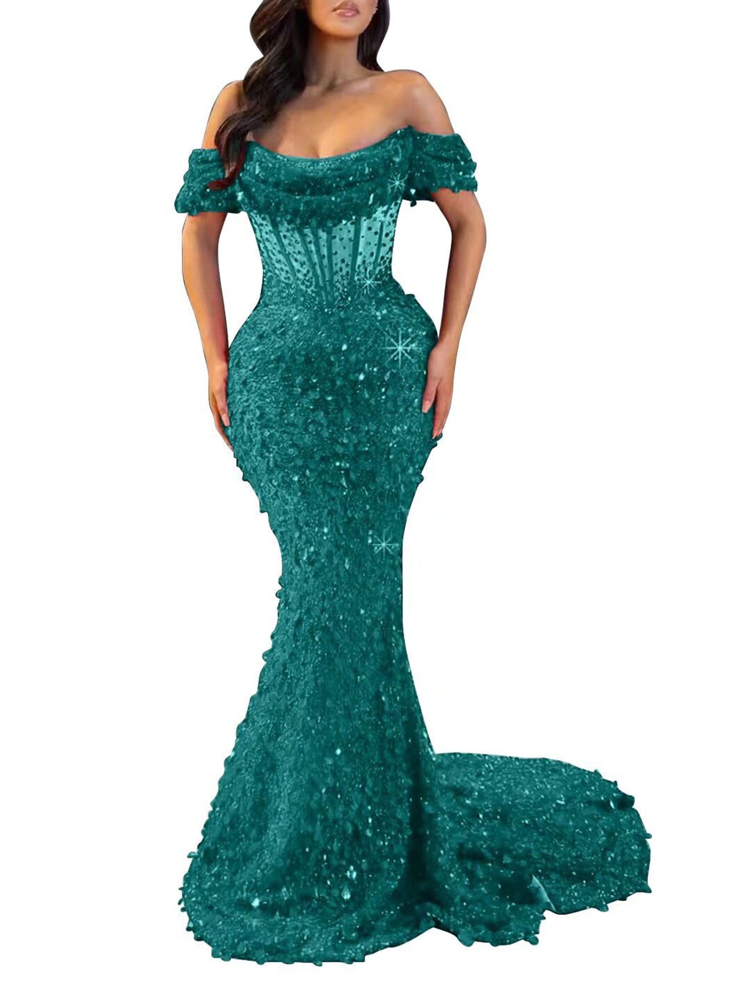 Mermaid Off The Shoulder Sequin Long Prom Dress