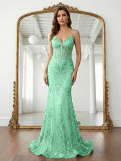 Trumpet/Mermaid Spaghetti Straps Sparkly Sequin Lace Applique Long Prom Dress