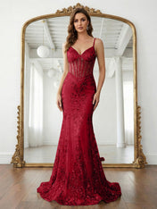 Trumpet/Mermaid Spaghetti Straps Sparkly Sequin Lace Applique Long Prom Dress