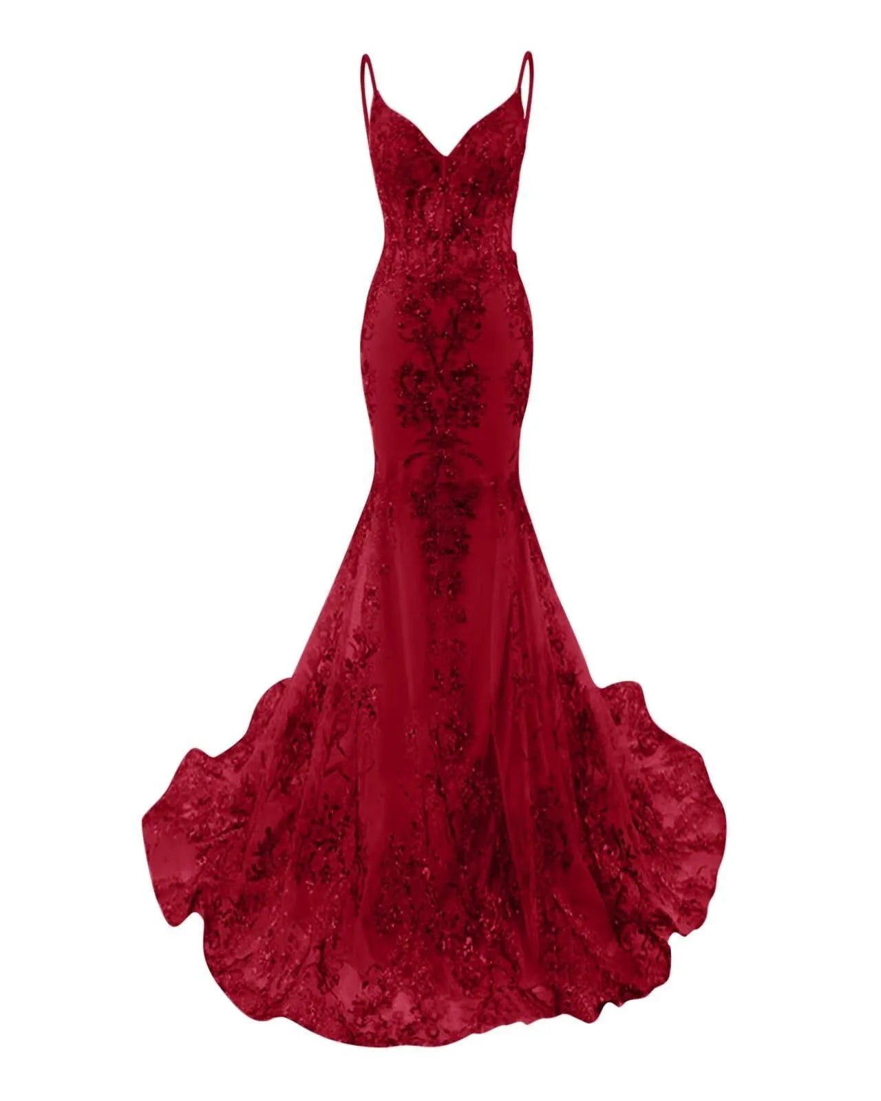 Mermaid Spaghetti Straps Sparkly Sequin Lace Applique Long Prom Dress