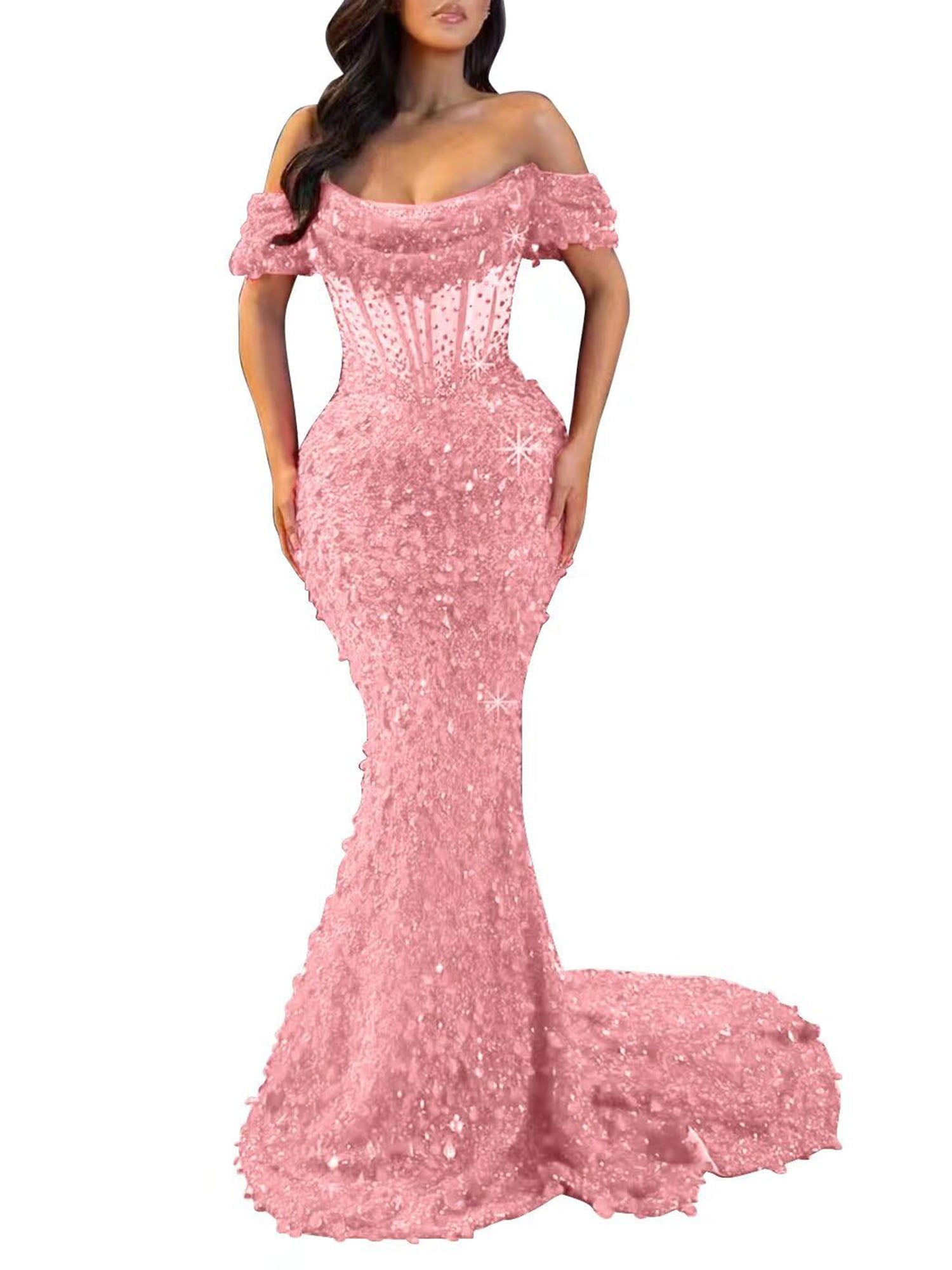 Mermaid Off The Shoulder Sequin Long Prom Dress