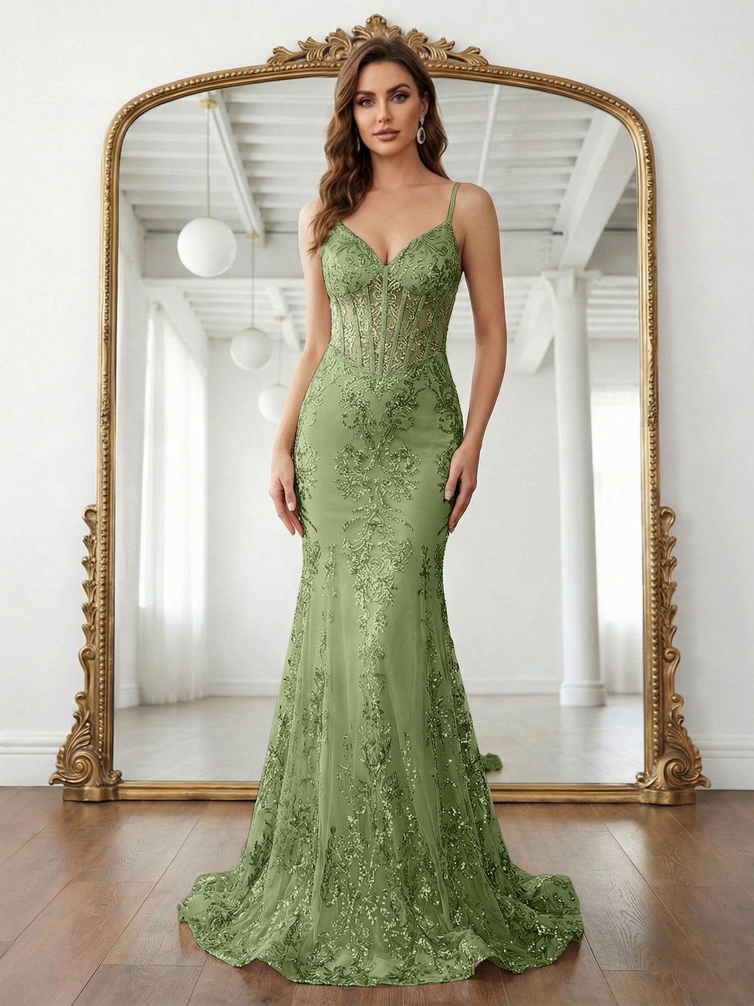 Mermaid Spaghetti Straps Sparkly Sequin Lace Applique Long Prom Dress