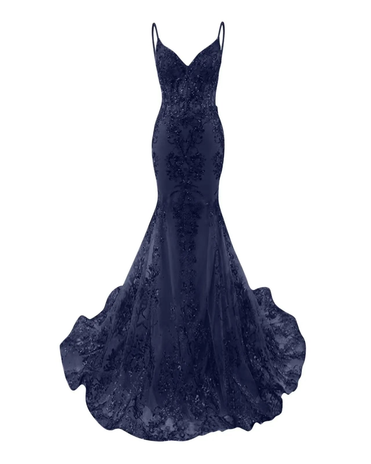 Mermaid Spaghetti Straps Sparkly Sequin Lace Applique Long Prom Dress