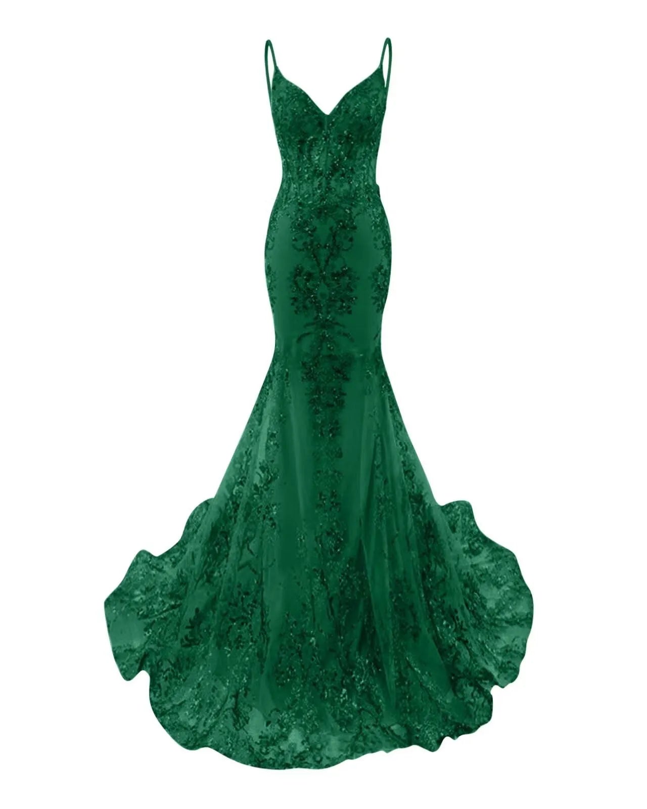 Mermaid Spaghetti Straps Sparkly Sequin Lace Applique Long Prom Dress