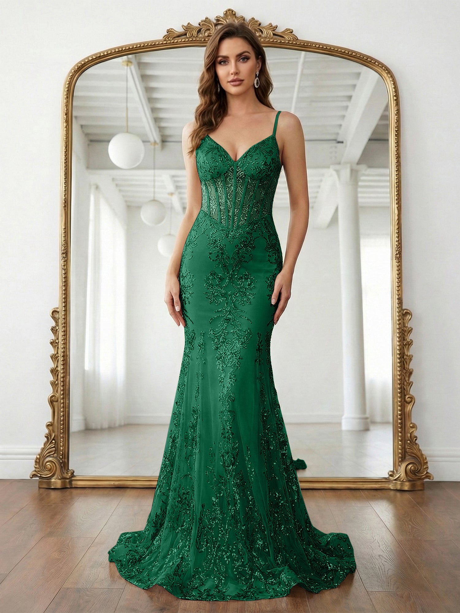Trumpet/Mermaid Spaghetti Straps Sparkly Sequin Lace Applique Long Prom Dress
