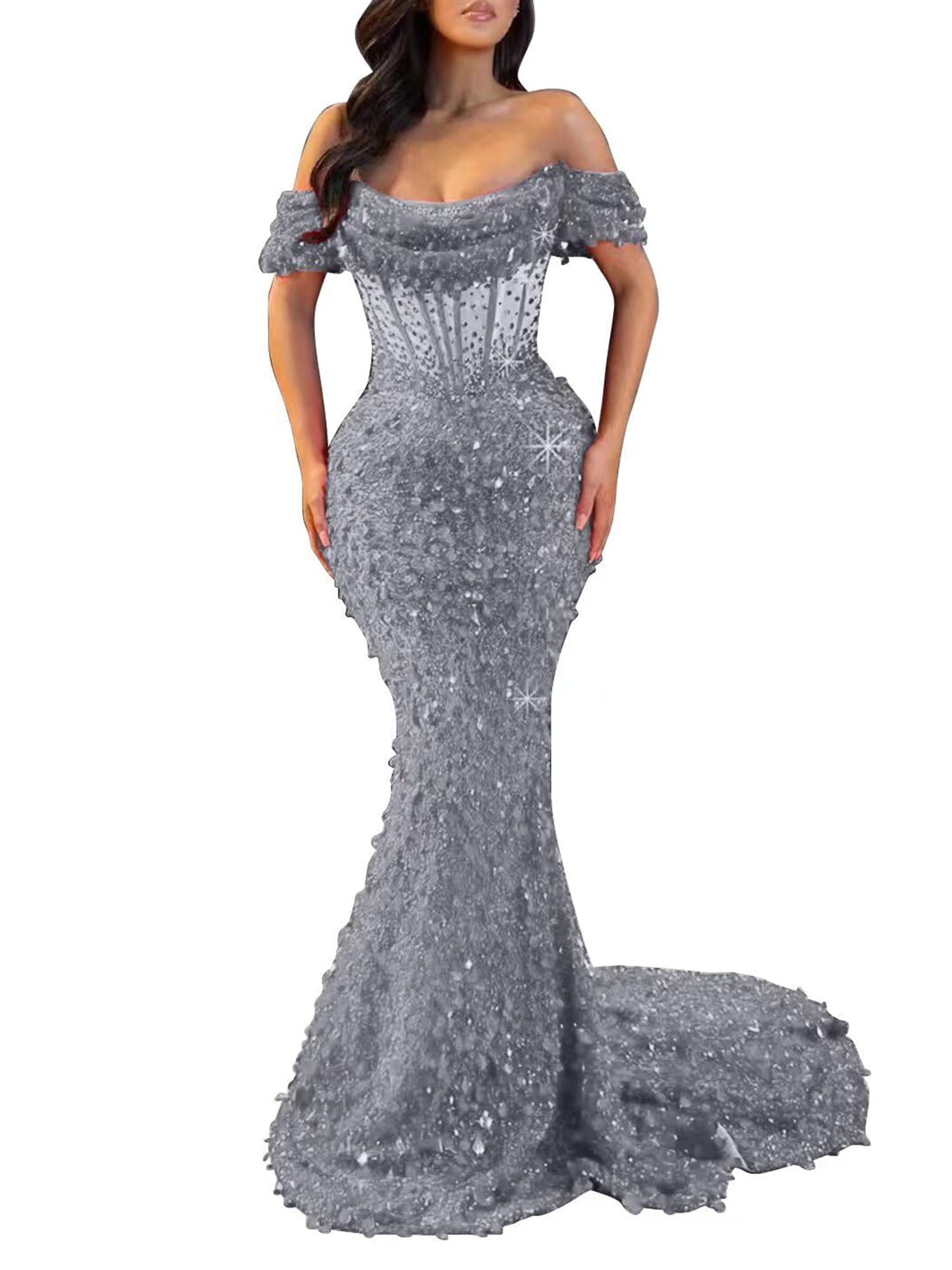 Mermaid Off The Shoulder Sequin Long Prom Dress