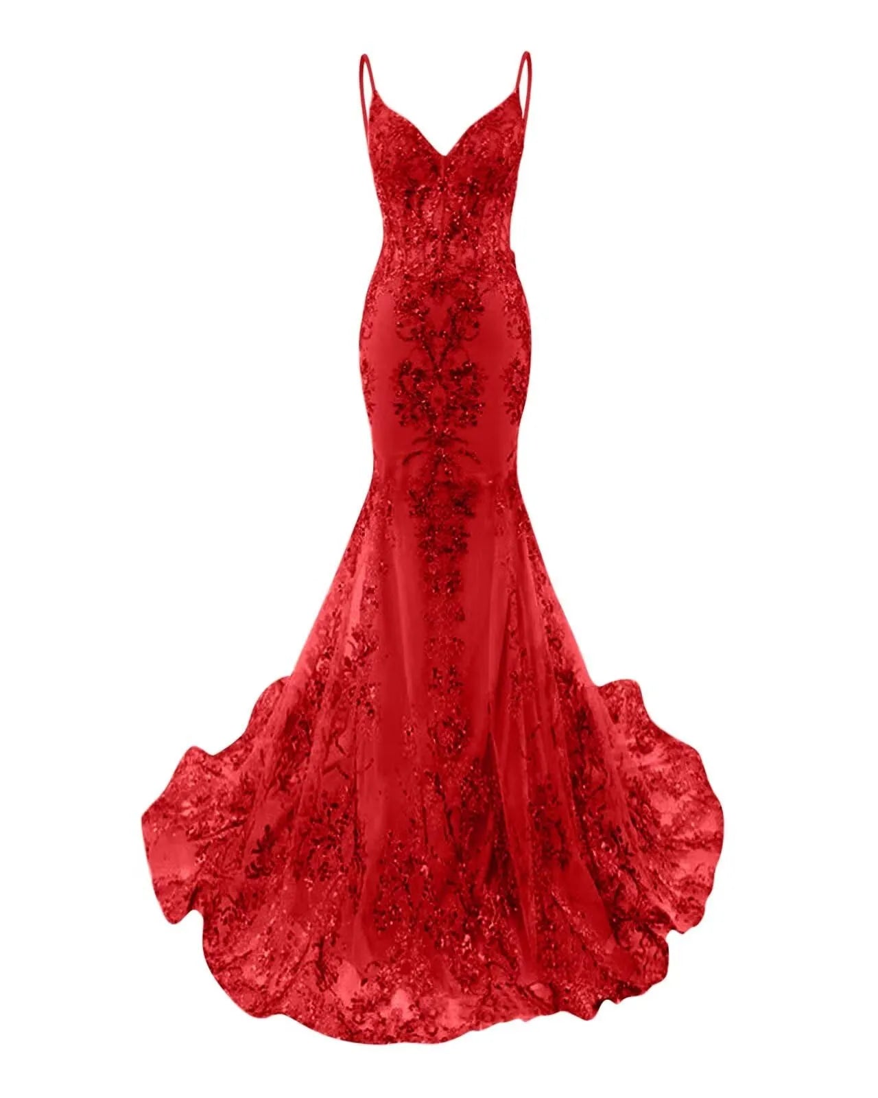 Mermaid Spaghetti Straps Sparkly Sequin Lace Applique Long Prom Dress