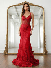 Trumpet/Mermaid Spaghetti Straps Sparkly Sequin Lace Applique Long Prom Dress