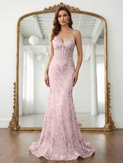 Trumpet/Mermaid Spaghetti Straps Sparkly Sequin Lace Applique Long Prom Dress