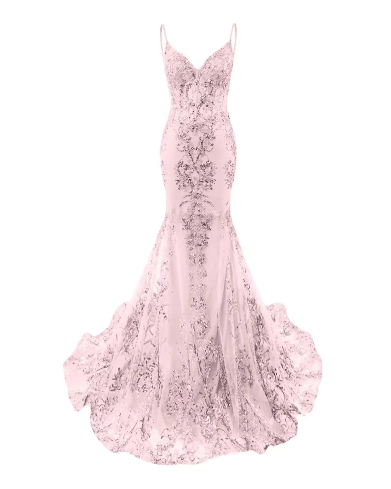 Mermaid Spaghetti Straps Sparkly Sequin Lace Applique Long Prom Dress