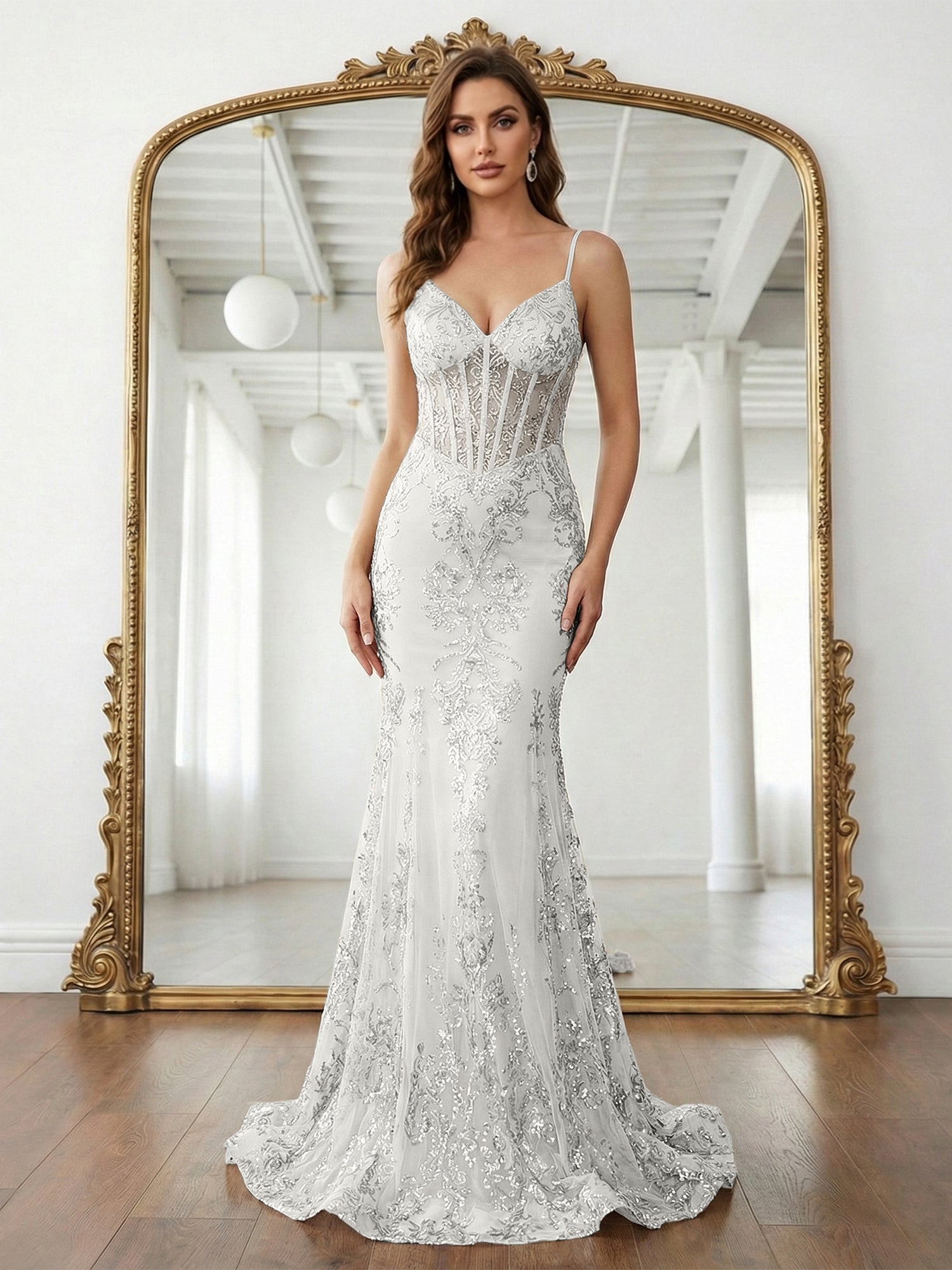 Trumpet/Mermaid Spaghetti Straps Sparkly Sequin Lace Applique Long Prom Dress