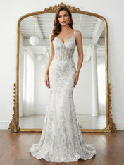 Trumpet/Mermaid Spaghetti Straps Sparkly Sequin Lace Applique Long Prom Dress