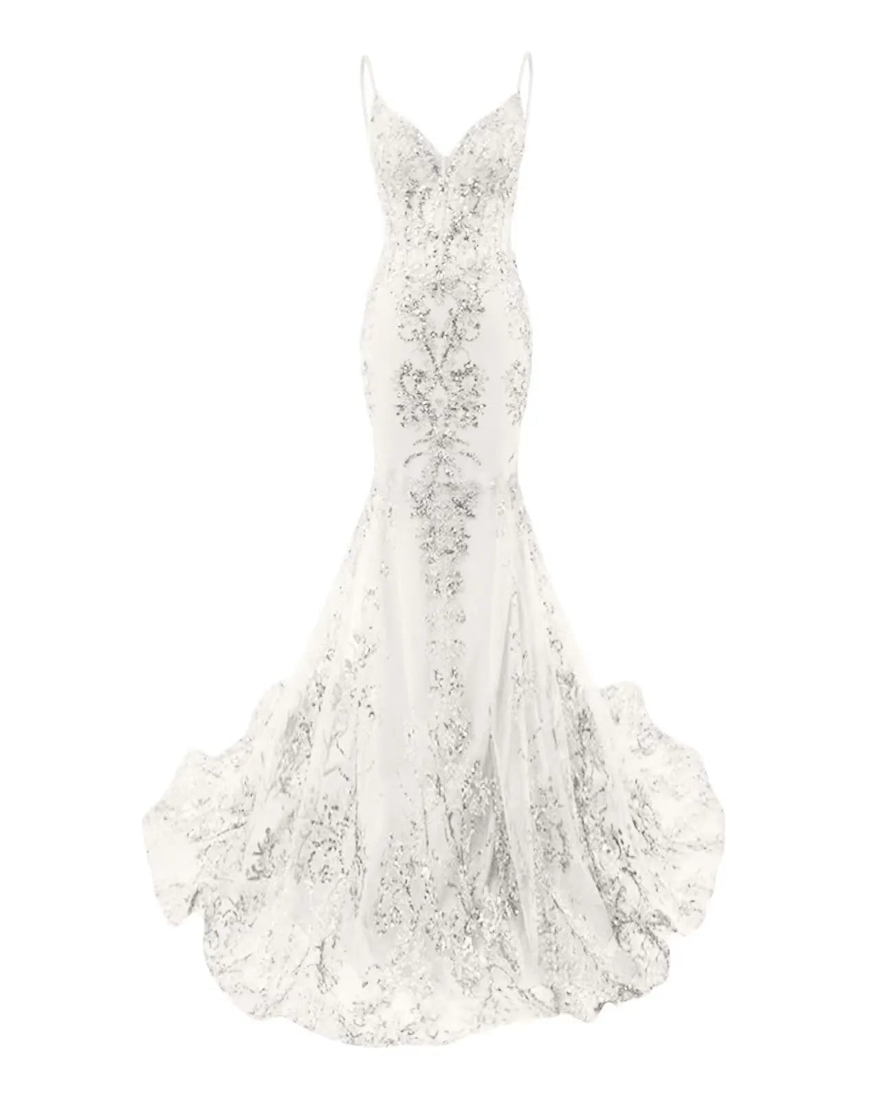 Mermaid Spaghetti Straps Sparkly Sequin Lace Applique Long Prom Dress