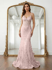 Trumpet/Mermaid Spaghetti Straps Sparkly Sequin Lace Applique Long Prom Dress