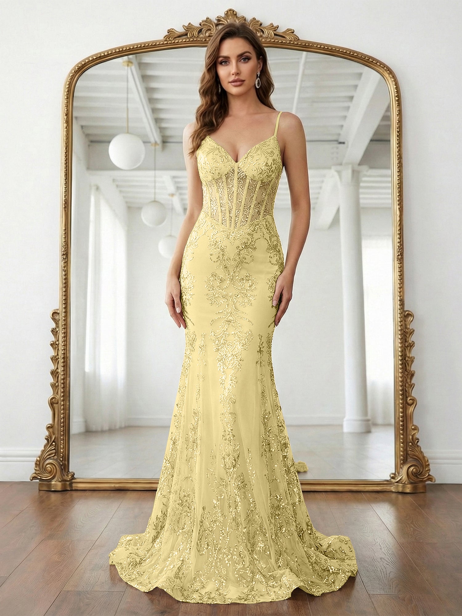 Trumpet/Mermaid Spaghetti Straps Sparkly Sequin Lace Applique Long Prom Dress