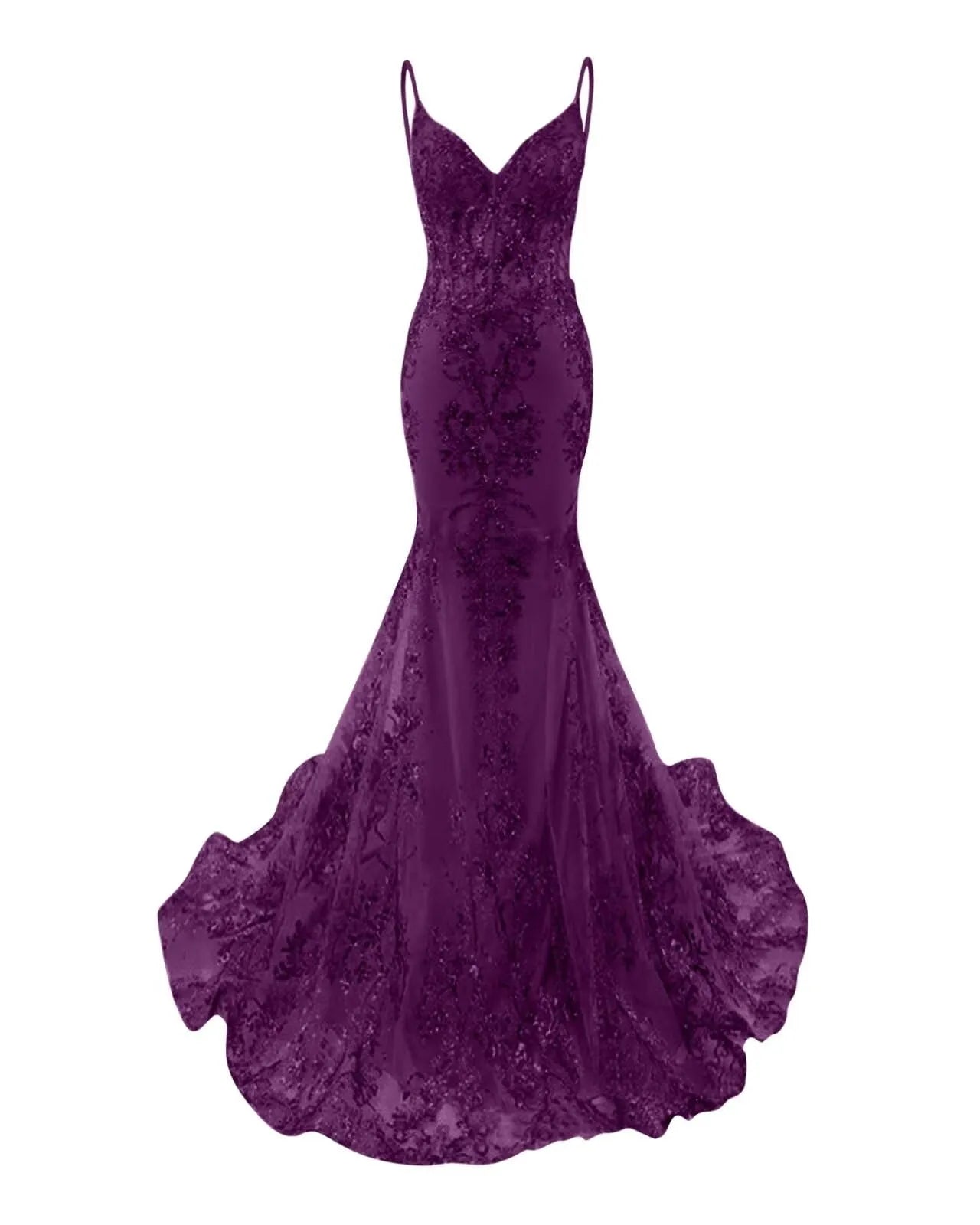 Mermaid Spaghetti Straps Sparkly Sequin Lace Applique Long Prom Dress