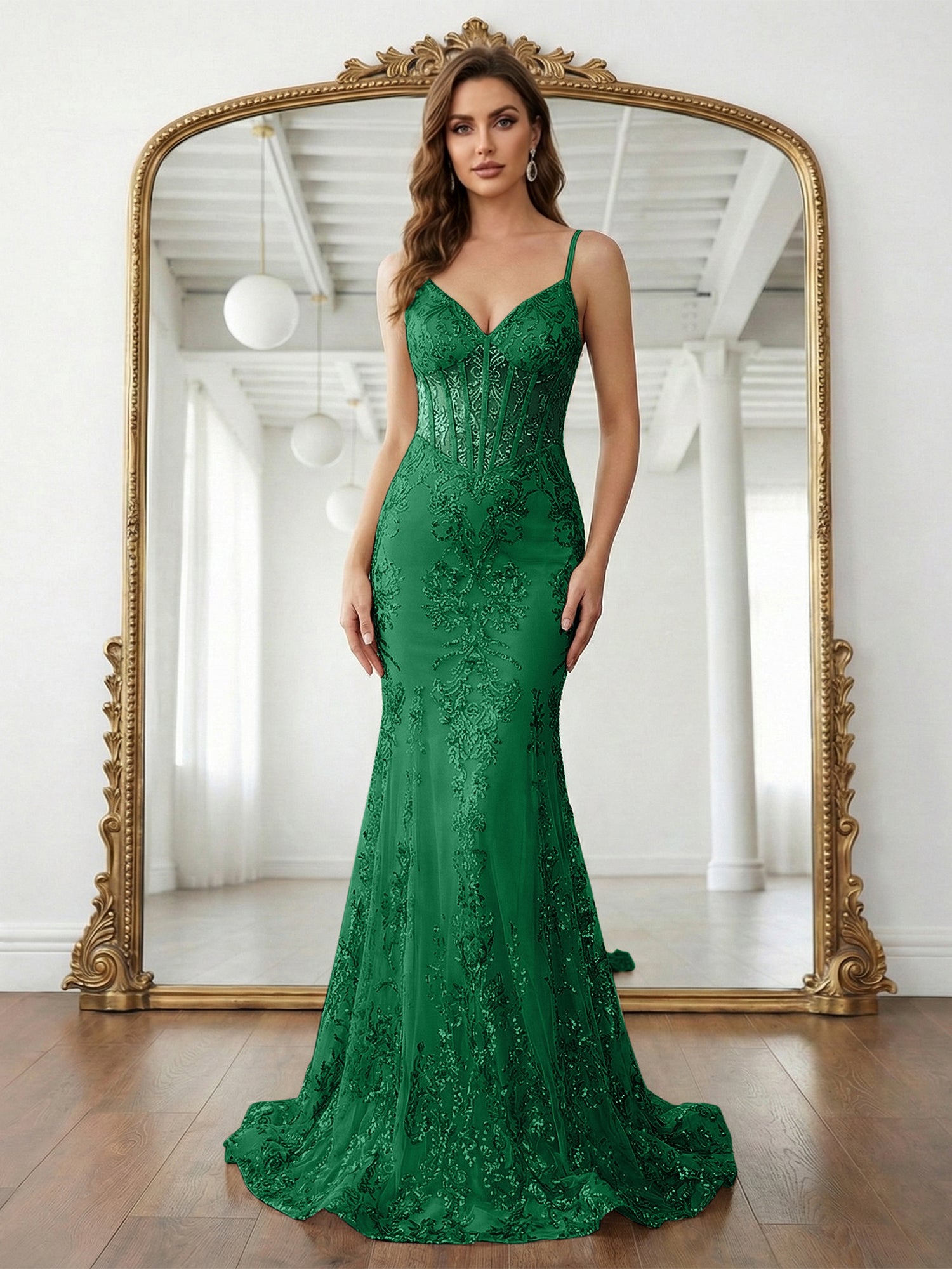 Mermaid Spaghetti Straps Sparkly Sequin Lace Applique Long Prom Dress