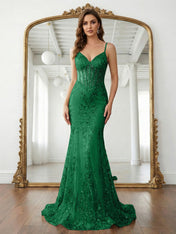 Trumpet/Mermaid Spaghetti Straps Sparkly Sequin Lace Applique Long Prom Dress