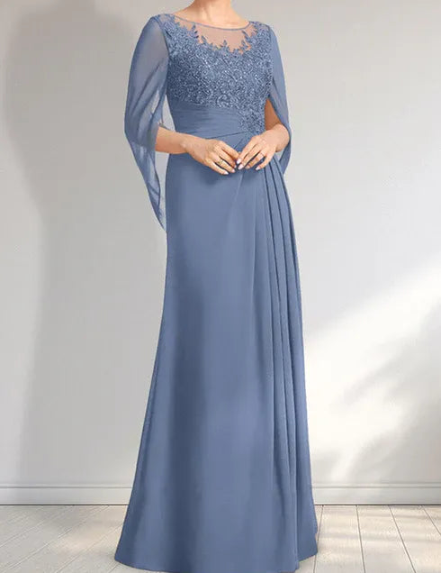 Robe de mère de la mariée trapèze en mousseline de soie et dentelle, longueur au sol, avec décolleté en V et paillettes plissées
