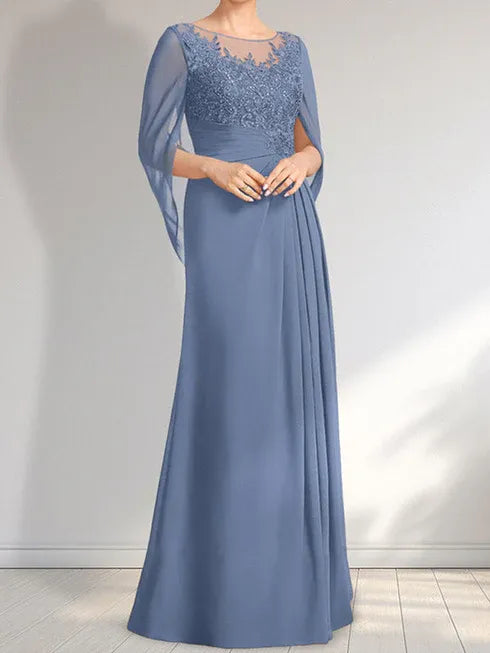 Robe de mère de la mariée trapèze en mousseline de soie et dentelle, longueur au sol, avec décolleté en V et paillettes plissées