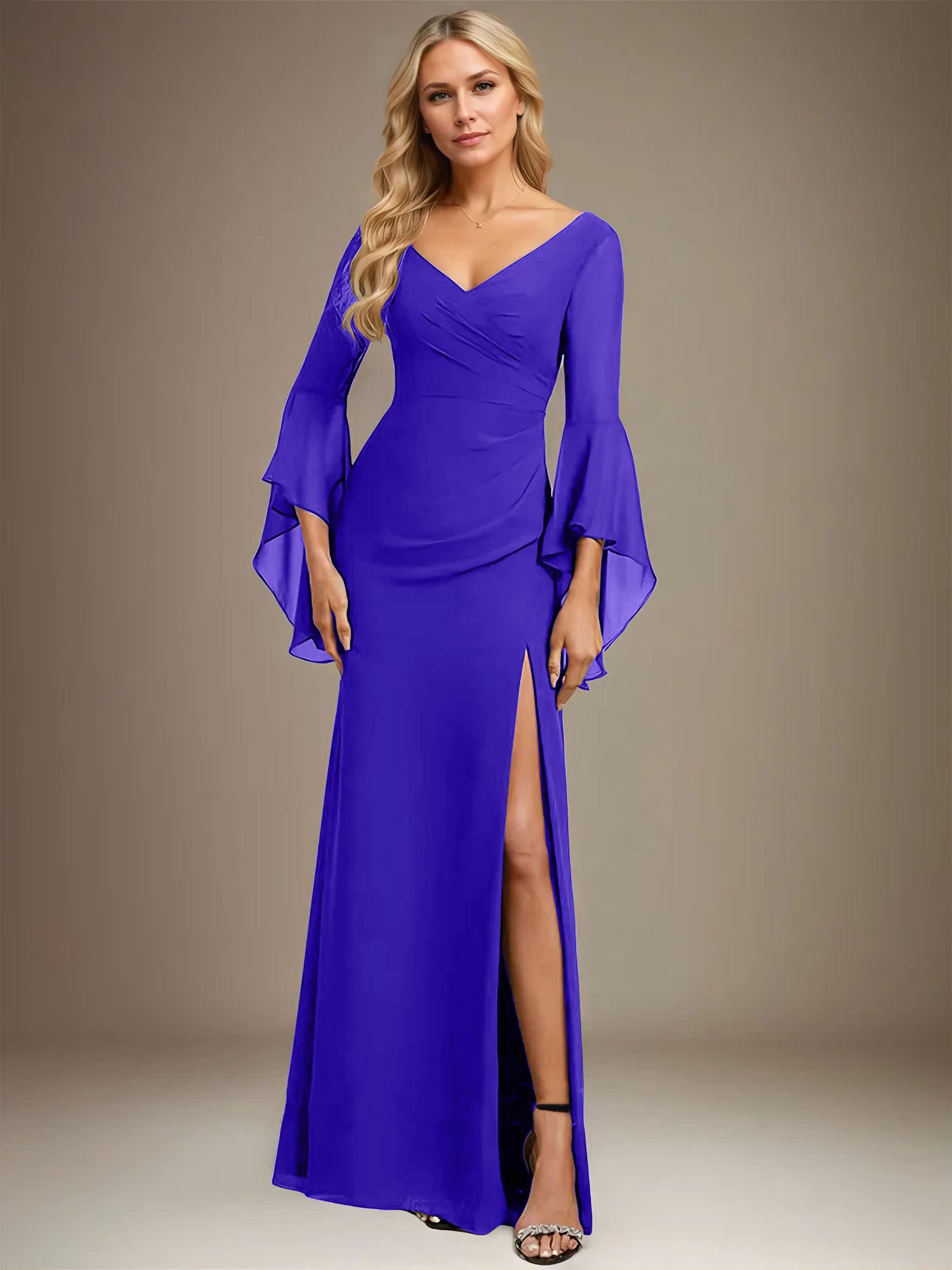 Column V-Neck Floor-Length Chiffon Dress With Pleated