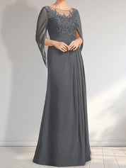 Robe de mère de la mariée trapèze en mousseline de soie et dentelle, longueur au sol, avec décolleté en V et paillettes plissées