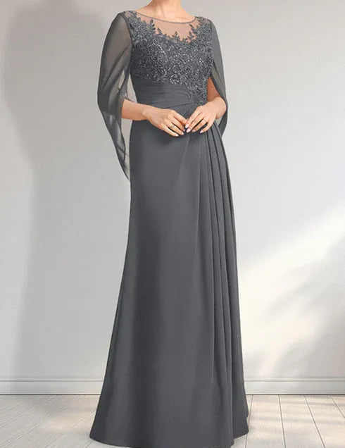 Robe de mère de la mariée trapèze en mousseline de soie et dentelle, longueur au sol, avec décolleté en V et paillettes plissées