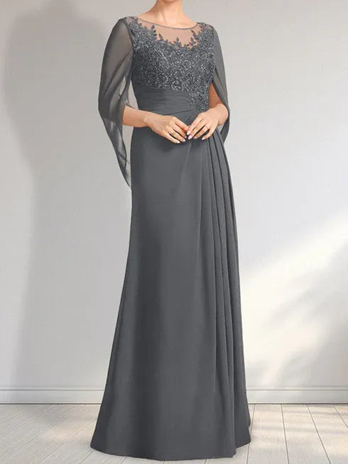 A-line Scoop Illusion Floor-Length Lace Chiffon Mother of the Bride Dress With Pleated Sequins
