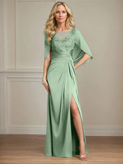 Sheath/Column Satin Scoop Neck Cap Sleeves Floor Length Mother Of The Bride Dresses