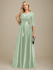 A-line Scoop Illusion Floor-Length Stretch Satin Lace Mother of the Bride Dress With Bow Sequins