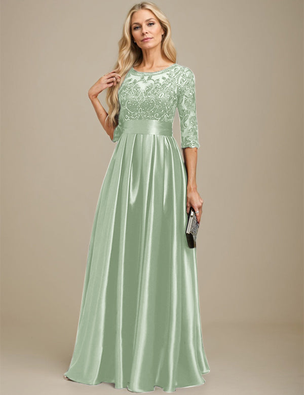 A-line Scoop Illusion Floor-Length Stretch Satin Lace Mother of the Bride Dress With Bow Sequins