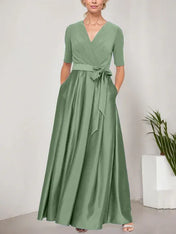 Surplice Neckline Ballgown with Full Satin Skirt & Jersey Bodice