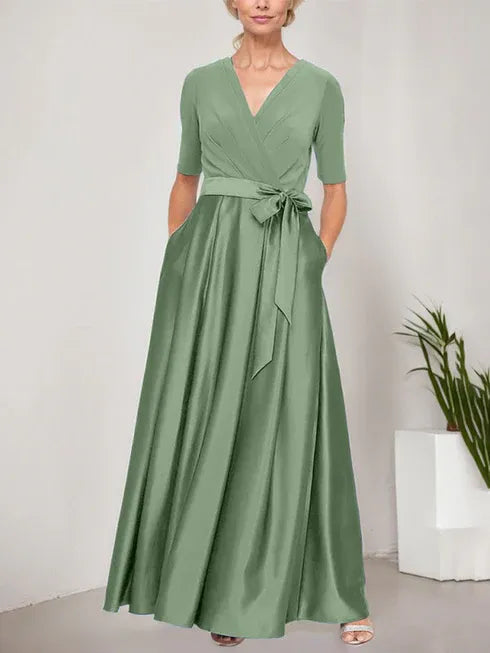 Surplice Neckline Ballgown with Full Satin Skirt & Jersey Bodice