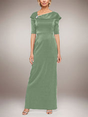 Long Shimmer Column Dress with Foldover Cuff L-Neckline and Elbow Sleeves