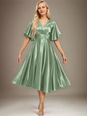 A-line V-Neck Tea-Length Stretch Satin Mother of the Bride Dress With Beading Pleated